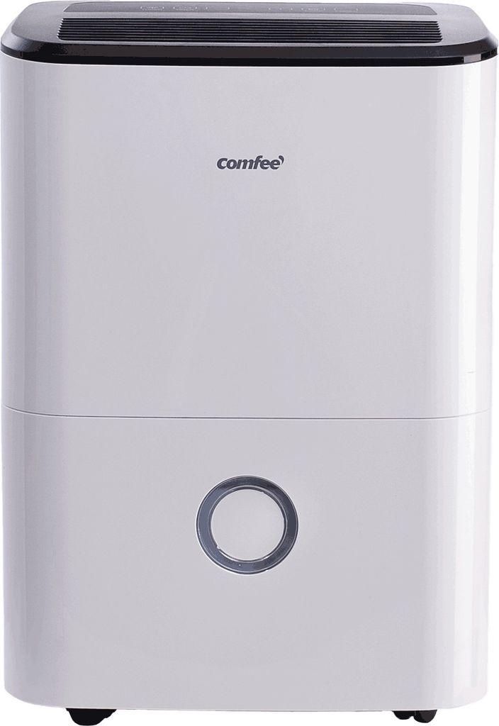 A white dehumidifier with a black top and a gray circular button on the front.