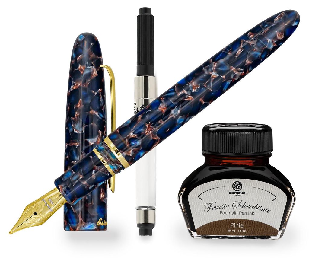 Esterbrook Estie Nouveau Blue Gold Trim Füllhalter, Patronenfüllhalter mit 30ml Tinte Pinie