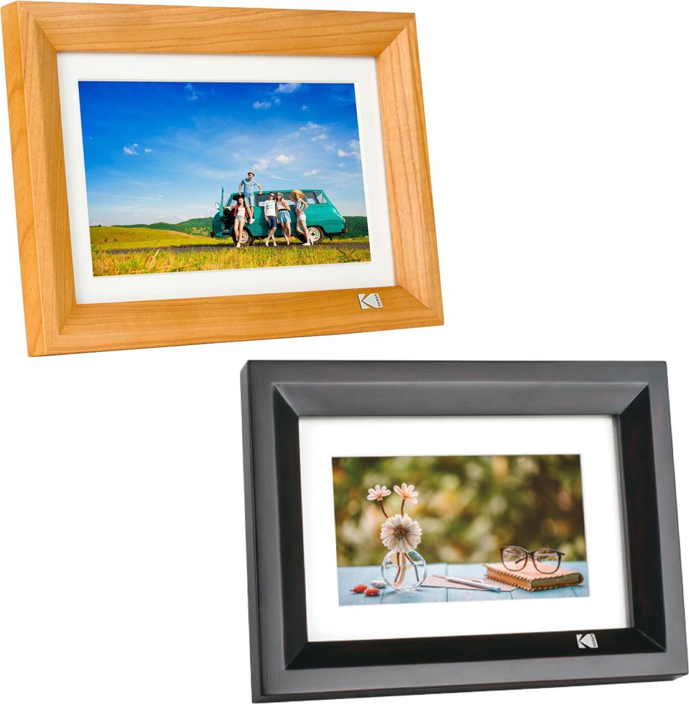 Two digital photo frames, one with a wooden frame and another with a black frame, are displayed against a white background.
