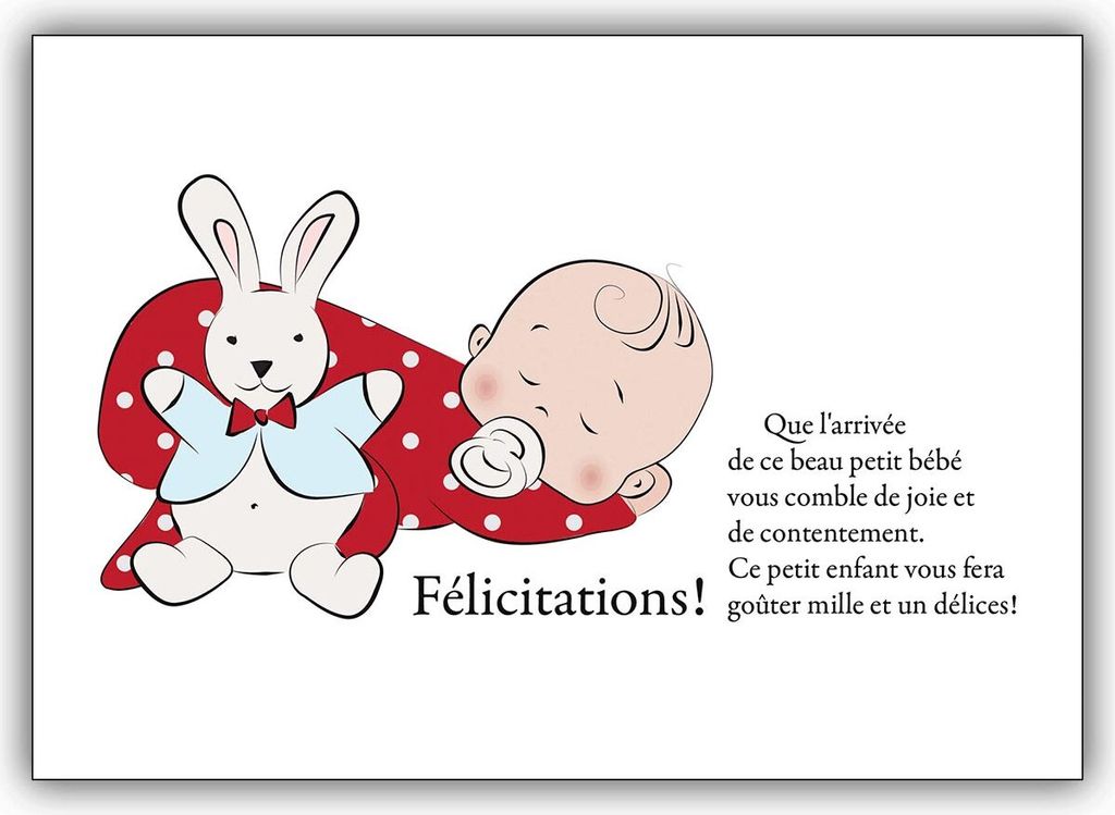 französische Babykarte mit schlafendem Baby und Stoffhasen