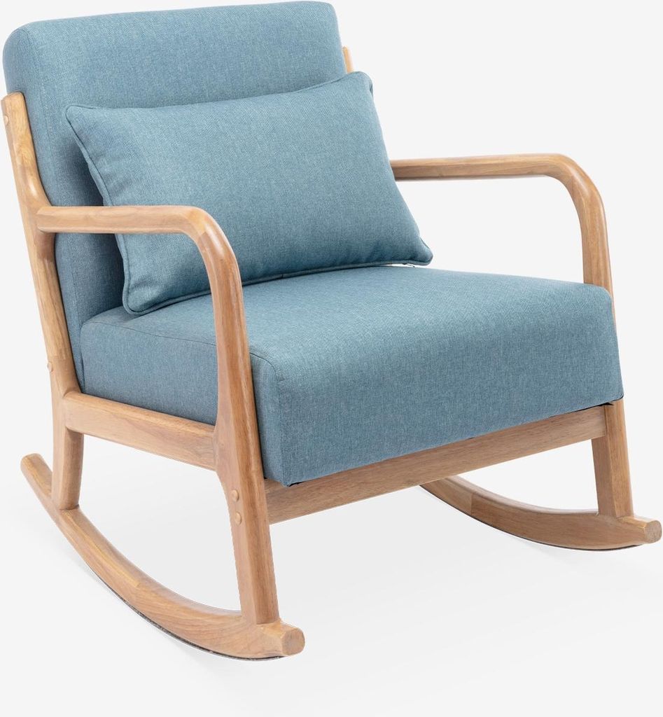 A blue upholstered rocking chair with a wooden frame is shown against a white background.