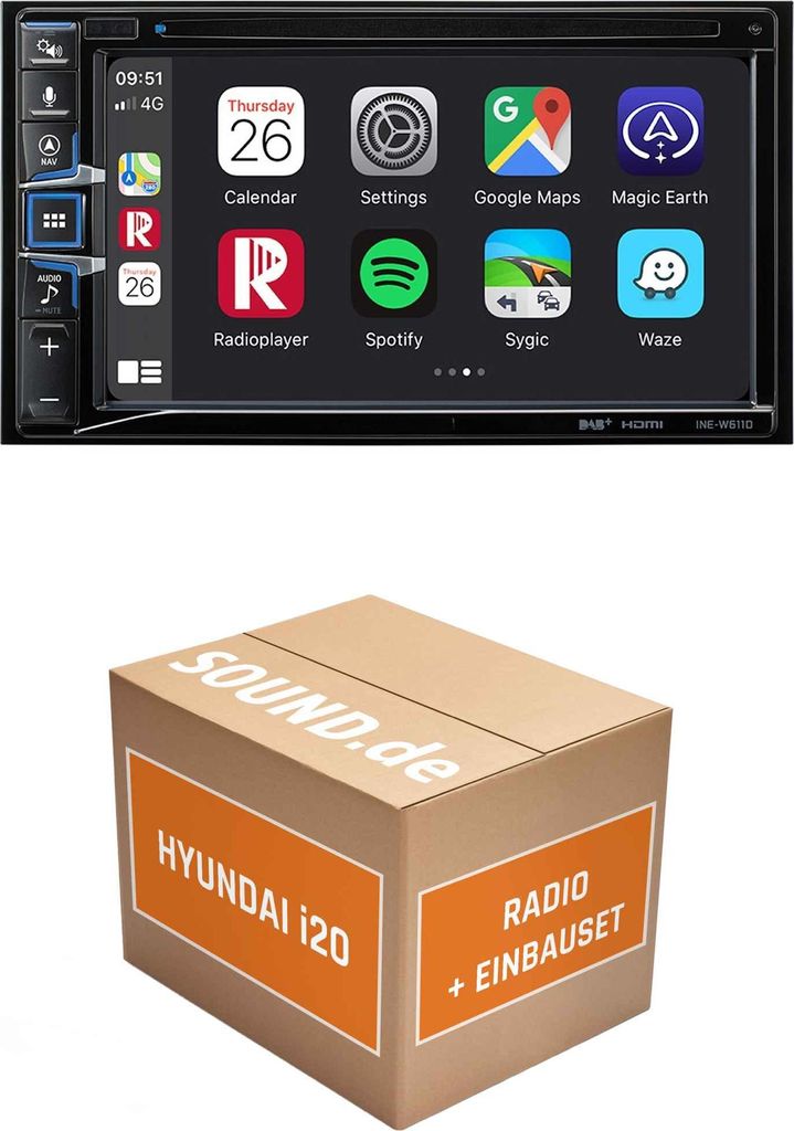 Autoradio Einbaupaket Alpine INE-W611D passend für Hyundai i20 PB mit manueller Klimaanlage | Navigationssystem CD-/DVD-Laufwerk