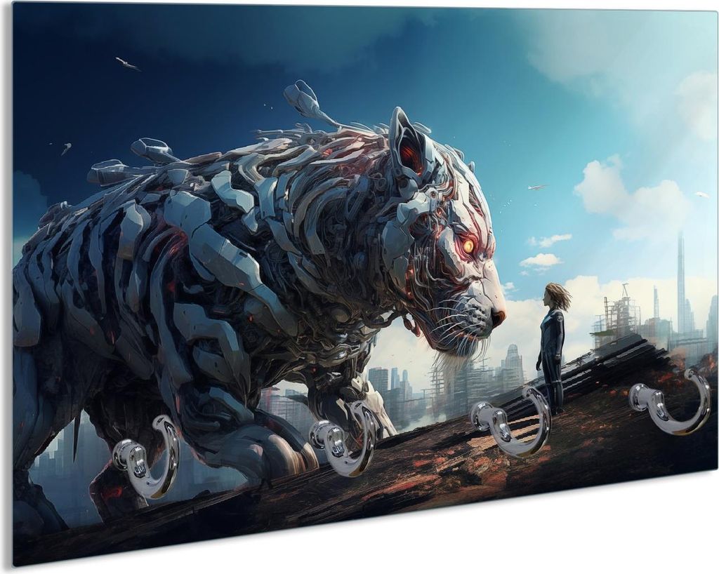 Wallario Handtuchhalter aus Glas, Motiv: Cyber-Tiger, 30 x 20 cm mit 4 Haken
