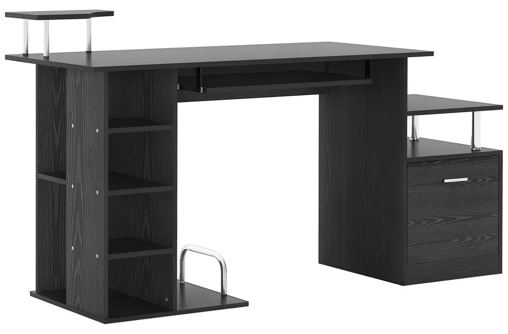 Bureau informatique noir 152cm anti-désordre avec rangements multiples
