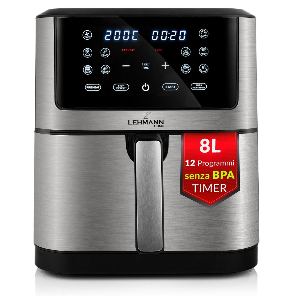 A close-up studio shot of a silver air fryer with a black digital display screen.