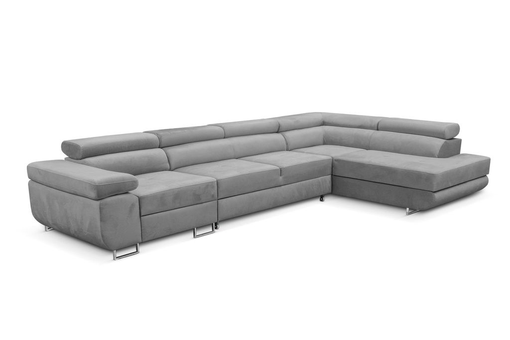 Ecksofa Miami Long Monolith 84-form mit Schlaffunktion und Bettkasten hellgrau, rechte Ottomane