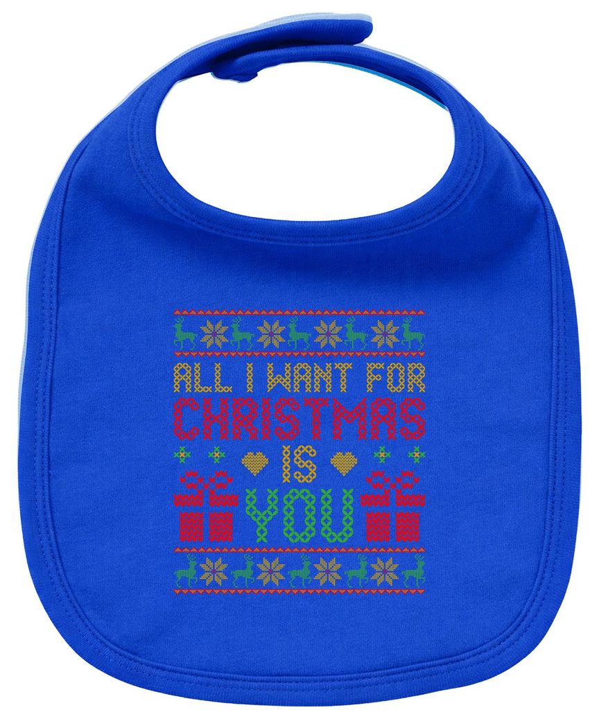 Huuraa Baby Lätzchen Ugly Christmas All I want is you Royal Blue Klettverschluss Baumwolle Latz Geschenkidee