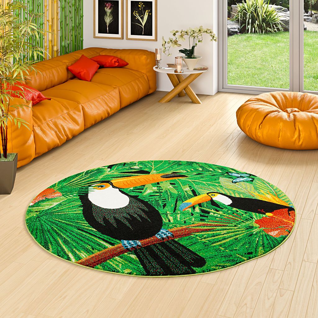 Designer Teppich Faro Tropical Tukan Grün Rund, Größe:160 cm Rund