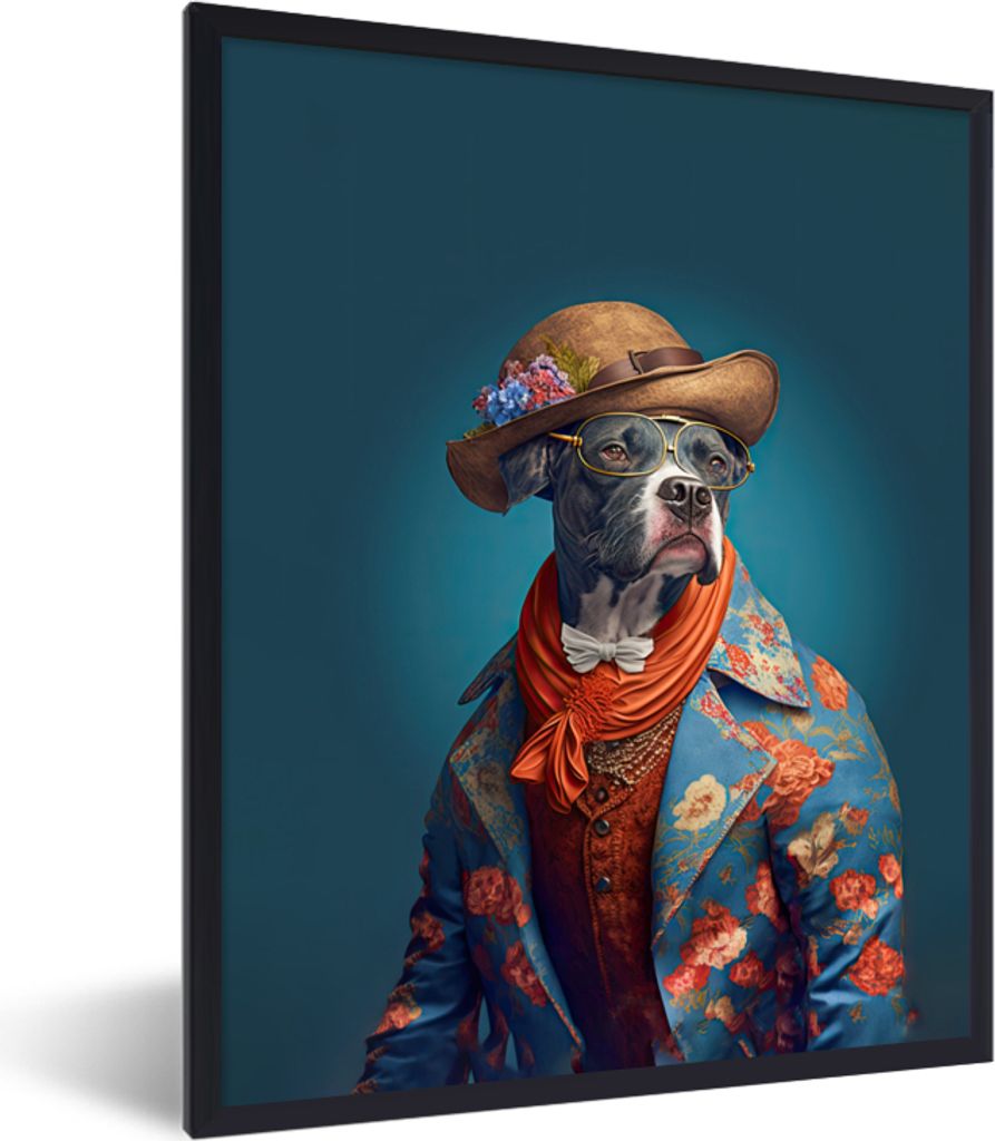 MuchoWow Gerahmtes Poster Hund - Jacke - Blumen - Hut - Blau 30x40 cm - Poster mit Schwarzem Bilderrahmen Wandposter Rahmen Foto Bilder - Wanddek...