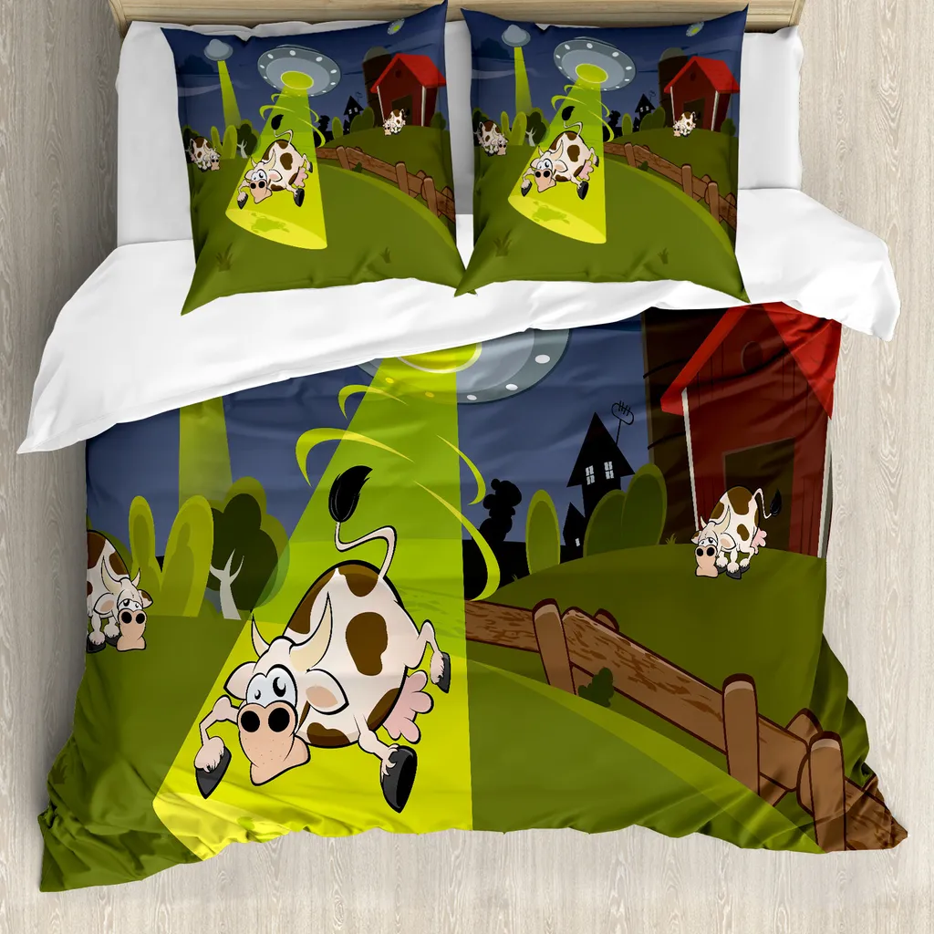 ABAKUHAUS Copripiumino con caricatura, fumetti con mucche aliene in fattoria, antiacaro, adatto a chi soffre di allergie, con federe, 155 cm x 220 cm - 80 x 80 cm, multicolore