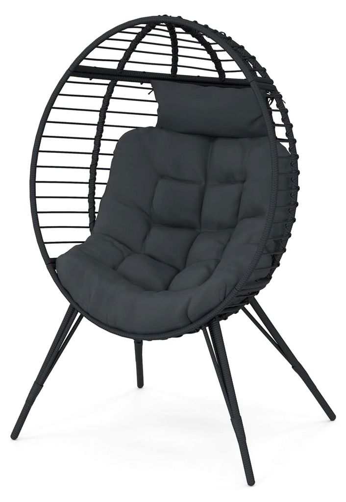 Sessel Ei auf grauem, durchbrochenem Fuß in Rattan-Optik mit grauem Kissen