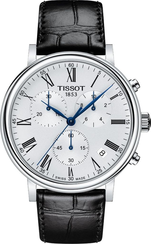 A close-up studio shot of a Tissot chronograph watch with a white dial and a black leather strap.