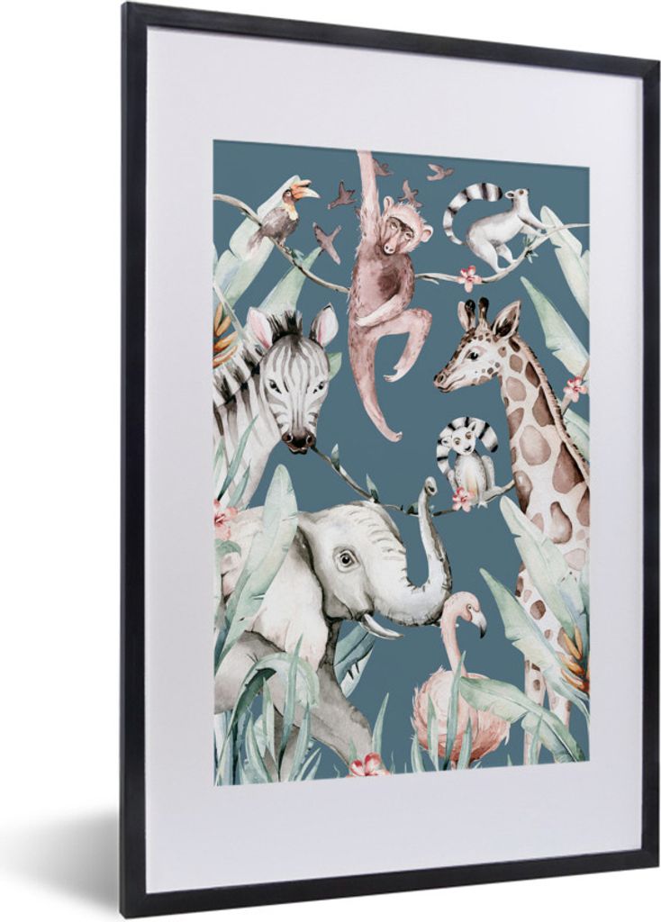 MuchoWow MuchoWow Gerahmtes Poster Aquarellieren - Tiere - Dschungel - Jungen - Blau - Kinder 40x60 cm - Poster mit zchwarzem Bilderrahmen - Po...