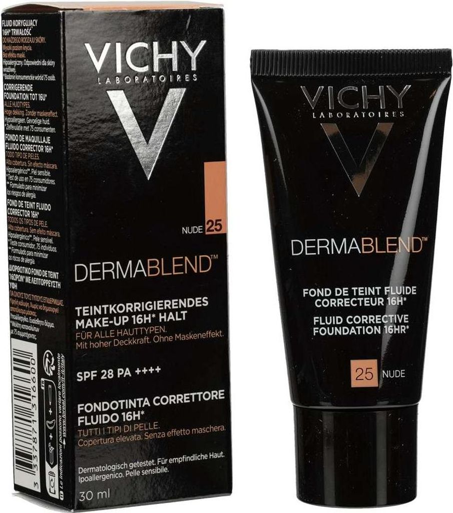 A product shot of Vichy Dermablend foundation packaging and tube.