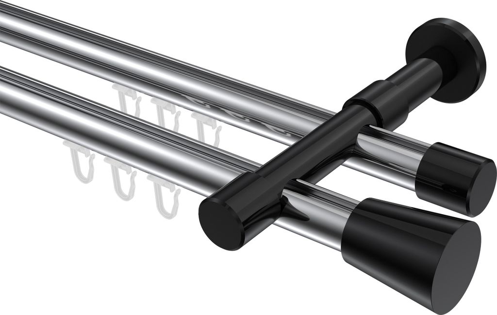 Interdeco Innenlaufstange / Gardinenstange mit Innenlauf Chrom / Schwarz, Typ Prestige Sitra (Konus), 20 mm Ø 2-läufig, 320 cm