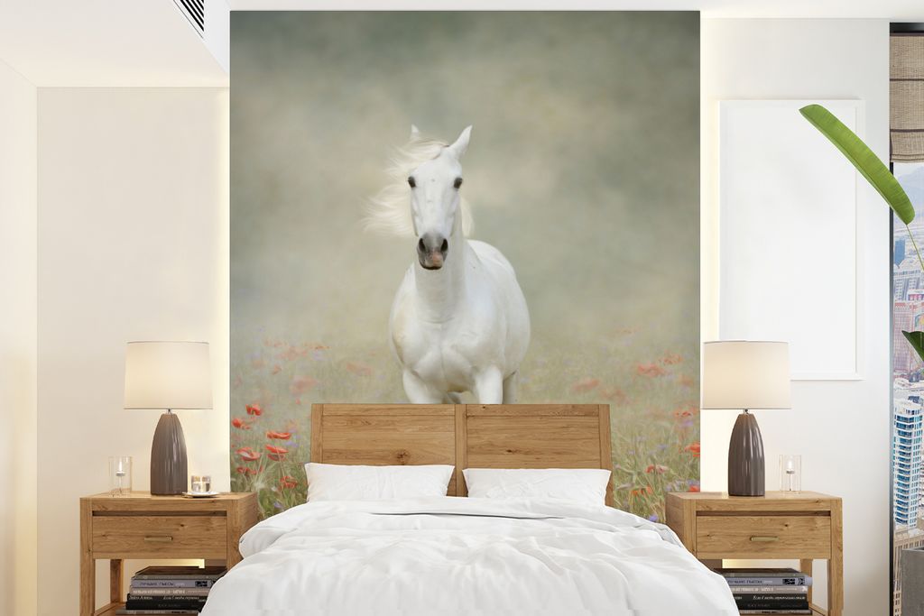 MuchoWow Fototapete für Wohnzimmer oder Schlafzimmer Wandtapete Vinyl Motivtapete Pferd - Stoff - Blumen - 190x260 cm - Papiertapete