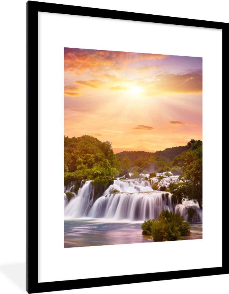MuchoWow Gerahmtes Poster Wasserfall - Landschaft - Sonne - Wolken - Sonnenuntergang 60x80 cm - Poster mit Schwarzem Bilderrahmen Wandposter Rahm...