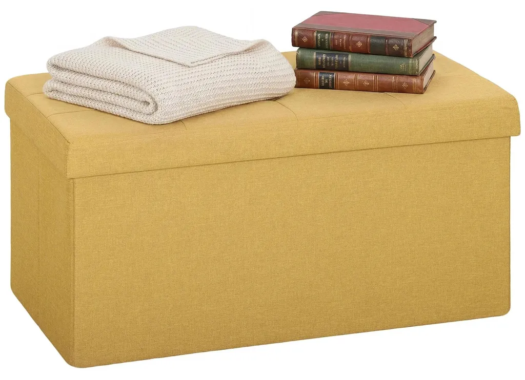 Pouf coffre rectangulaire en tissu jaune - Banc de rangement de 84L