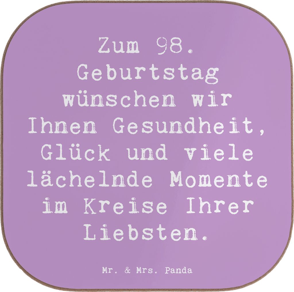 Mr. & Mrs. Panda Untersetzer für Gläser Spruch 98. Geburtstag - Lavendeltraum - Geschenk, Happy Birthday, Geburtstagsgeschenk, Glück, Flaschenun...