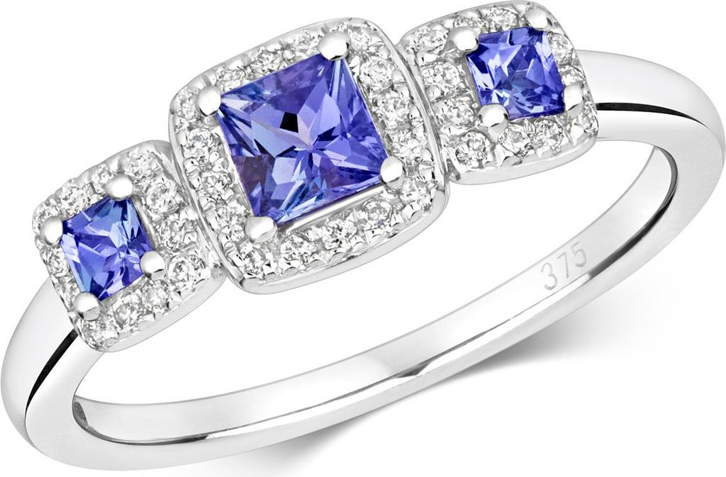 Eleganter 9 Karat (375) Weißgold Trilogie Diamant Damenring Brillant-Schliff 0.15 Karat HI - I1 mit Tansanit, 57 (18.1); TRS2222RSP
