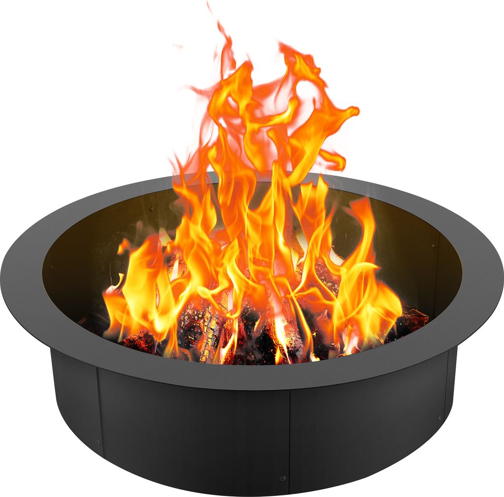 A fire pit ring with a fire burning inside, set against a white background.