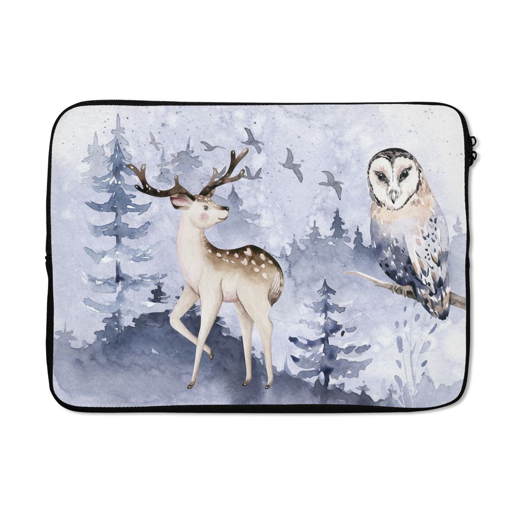 MuchoWow Laptop Hülle 13 Zoll Winter - Wald - Eule - Hirsch Laptoptasche - Laptophülle - Sleeve - Rundumschutz