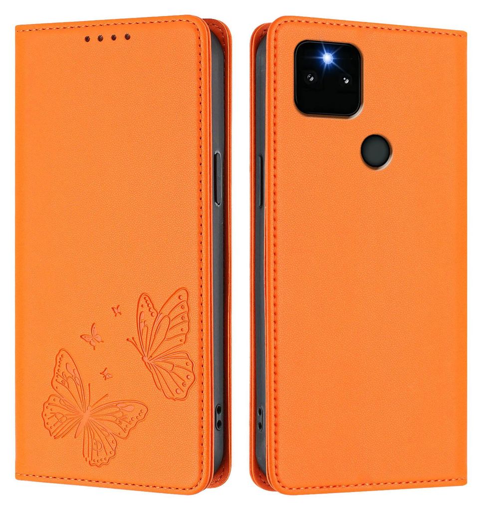 Lederhülle für Google Pixel 5A 5G, Schmetterling Prägung Leder Brieftasche Schutzhülle mit Ständer Orange