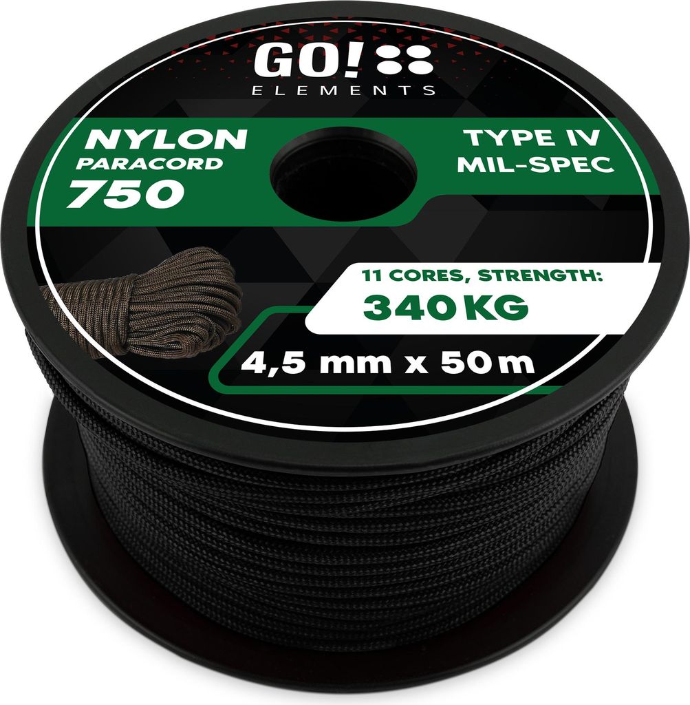 GO!elements 50m Paracord Seil aus reißfester Nylonschnur - 4,5mm Paracord 750 Typ IV Schnur - geeignet als Allzweckseil & Reepschnur - Max. 340kg,...