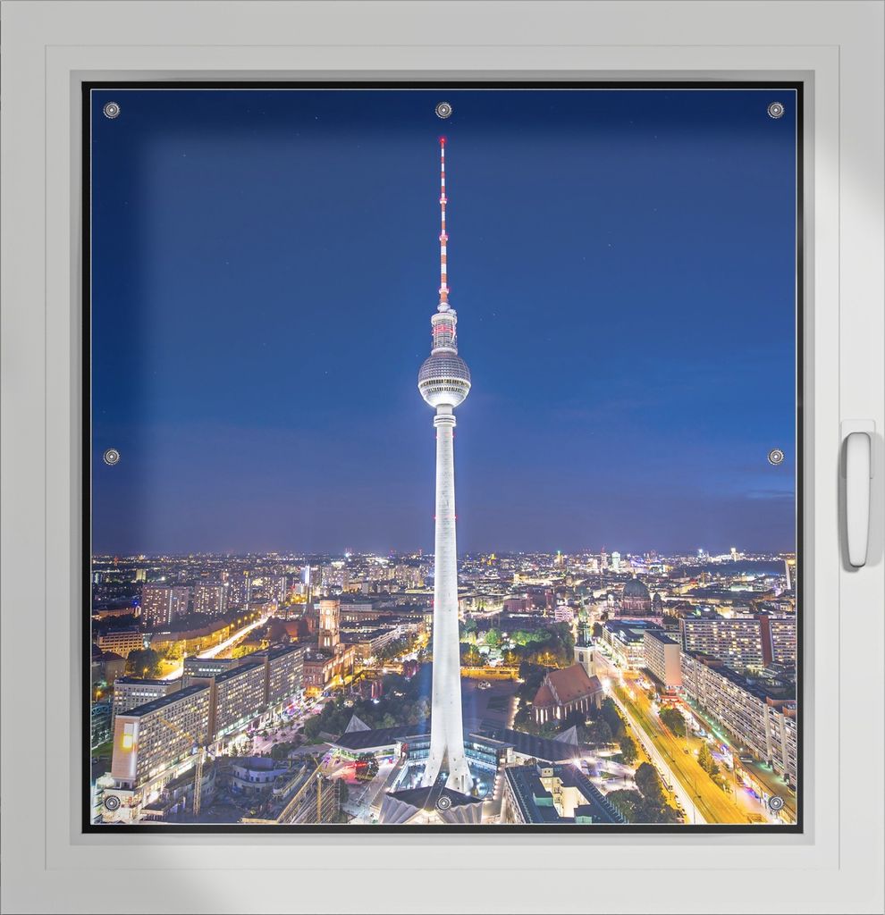 Wallario Lichtschutzbild, Dekorativer Sichtschutz Sonnenschutz 96 x 93 cm mit Motiv: Fernsehturm Berlin bei Nacht - Verdunklung ohne Bohren