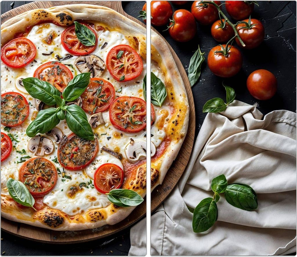 Spritzschutz Herdabdeckplatte Schneidebrett aus Glas Pizza mit Tomaten 2-Teilig (60x52cm)