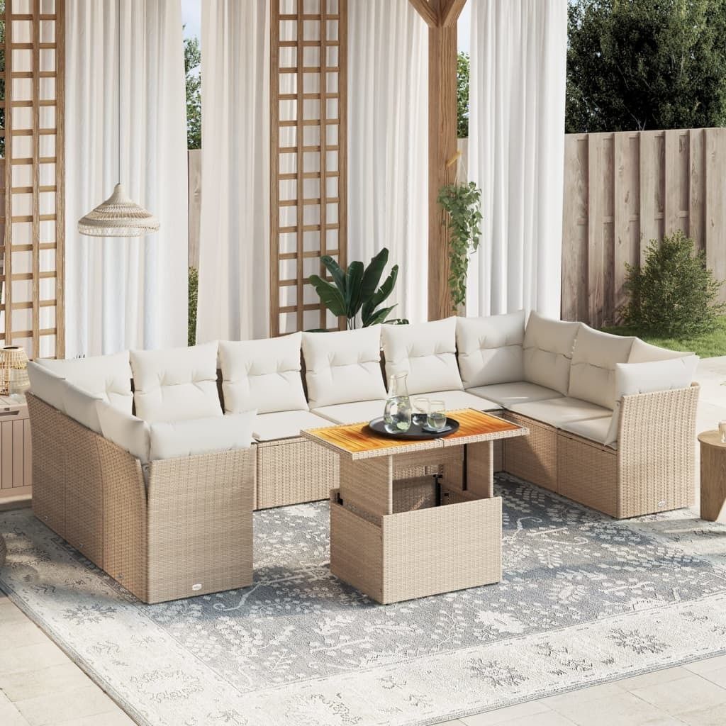 Design 11-tlg. Garten-Sofagarnitur mit Kissen Beige Poly Rattan, Gartenmöbel-Sets 2024 Neu