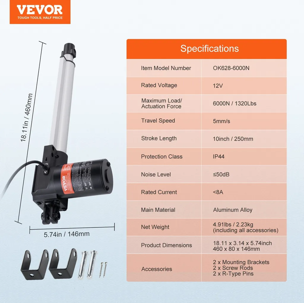 Vérin Électrique 12V 6000N de 250mm - Technique Linéaire de Réglage - 7