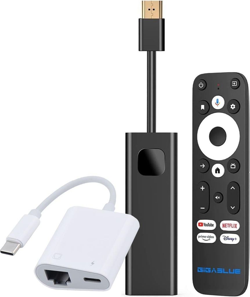 GigaBlue Giga TV 4K PRO Android 11 Mediaplayer Stick mit Netzwerk-LAN-Adapter (HDR60Hz, WiFi, Bluetooth, Sprachfernbedienung)