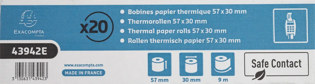 Rouleau TPE 57mm x 9m Exacompta SafeContact pour Terminaux Bancaires