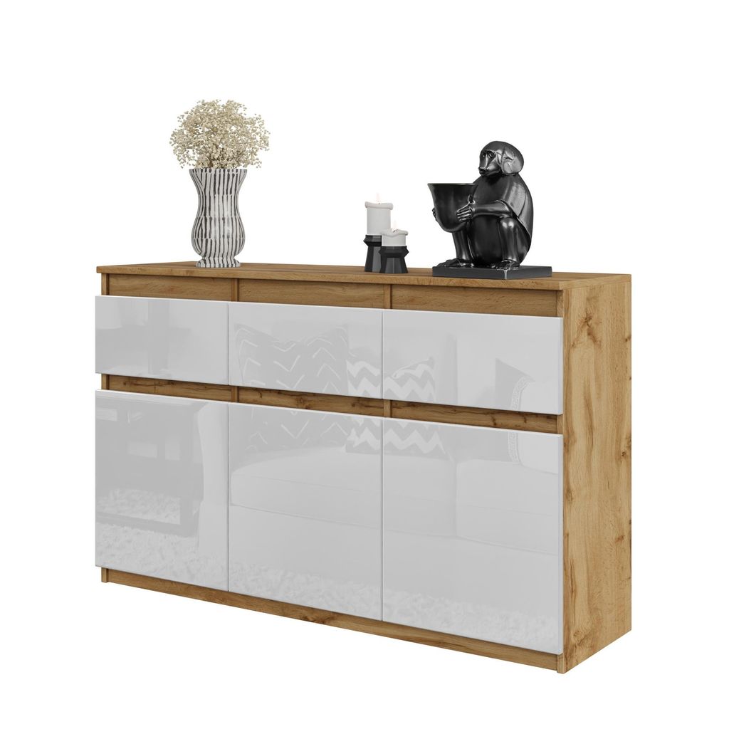 Komoda 120 Cm Dąb Wotan/ Biały Połysk 3 Szuflady, 3 Drzwi, Zdjęcie produktu 