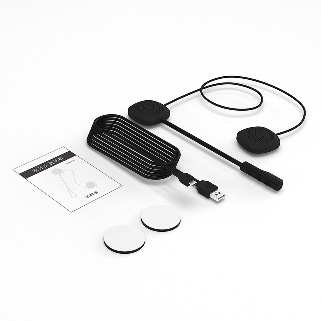A product shot of a motorcycle helmet Bluetooth headset and its accessories on a white background.