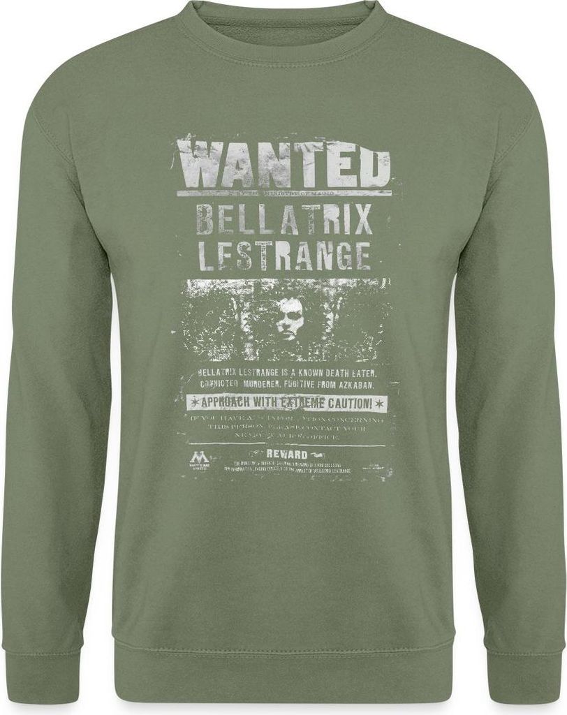 Spreadshirt Harry Potter Bellatrix Lestrange Wanted Poster Uni Pullover, M, Armeegrün