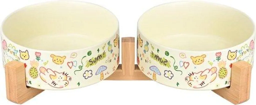 Gamelle double chat et chien 850ml céramique beige motif graffiti