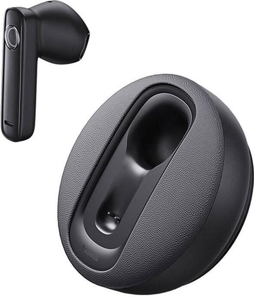A black wireless earbud and its charging case are shown against a white background.