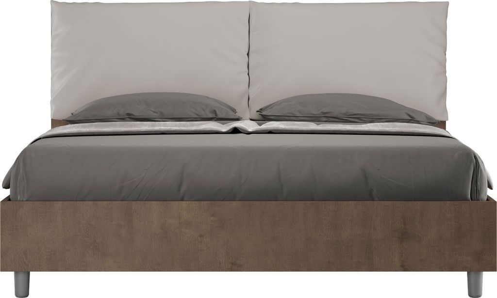 ITYHOME - Bett mit Bettkasten 160x200 Nussbaum Kopfteilkissen mit Kunstlederbezug Taubengrau Egos Antea