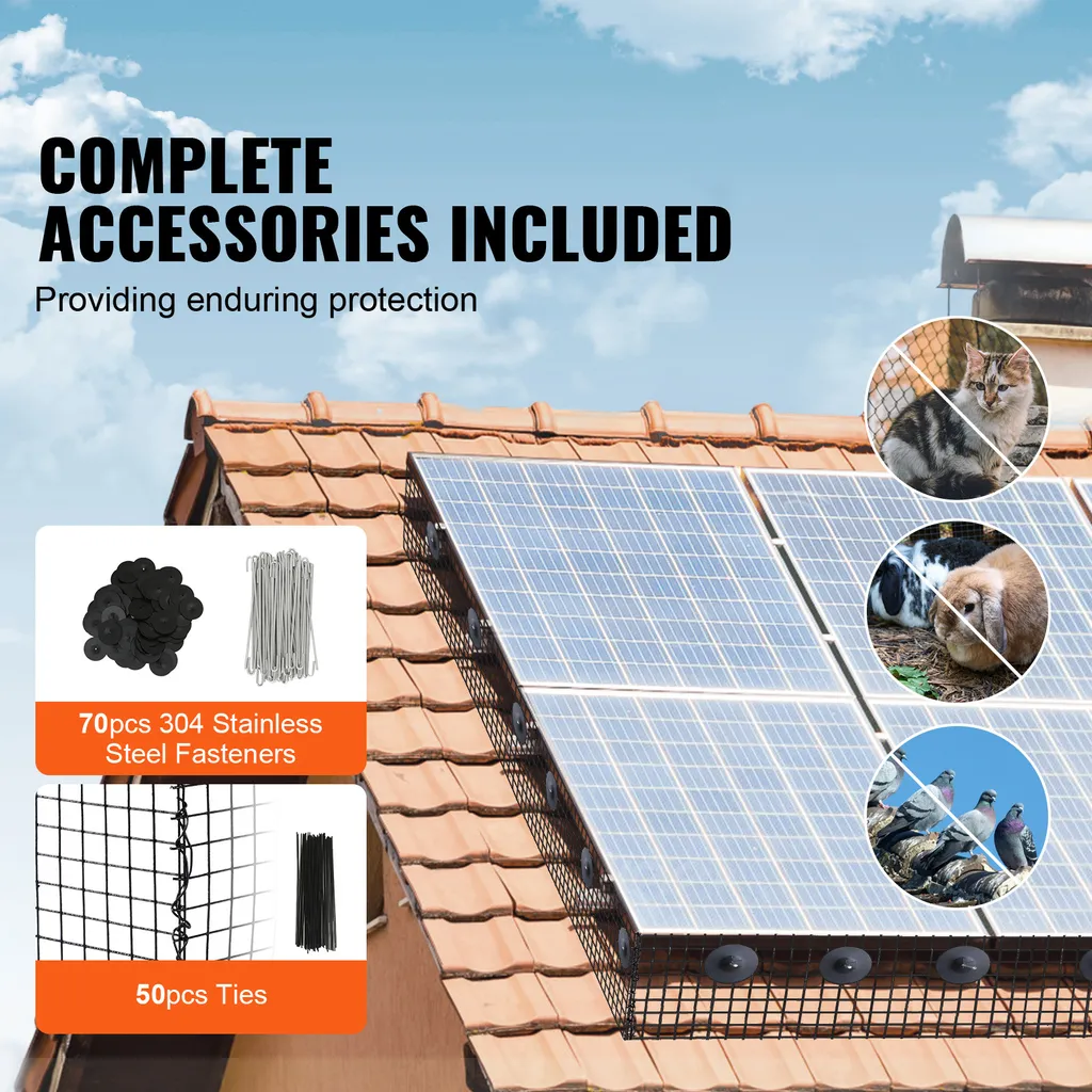 VEVOR protezione dagli uccelli per moduli solari, 20,3 cm x 30,5 m, rete di protezione dai piccioni per impianti solari con 70 elementi di fissaggio in acciaio inox, protezione dei moduli solari con rivestimento in PVC antiruggine, rete in rotoli da 1,27 cm - 4