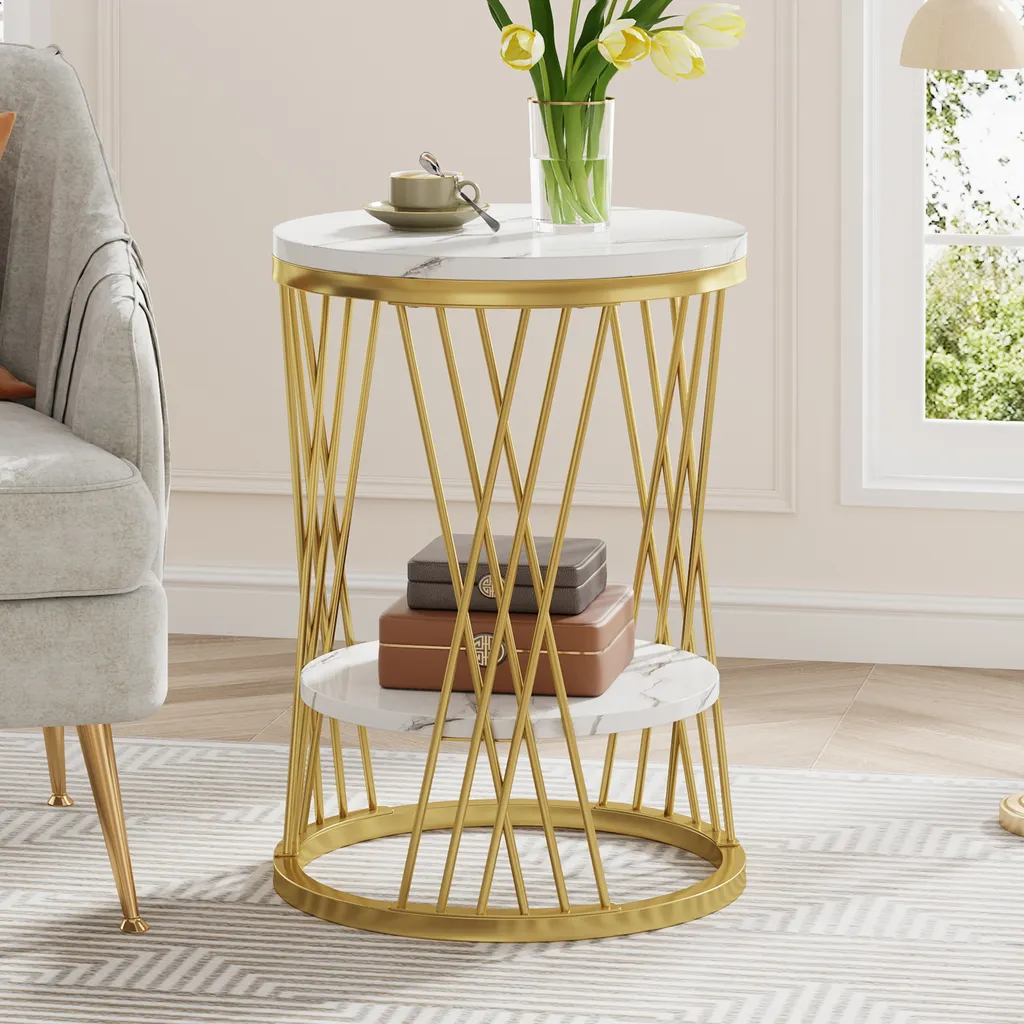 Table de Chevet Design en Marbre Blanc et Métal Doré pour Salon/Chambre