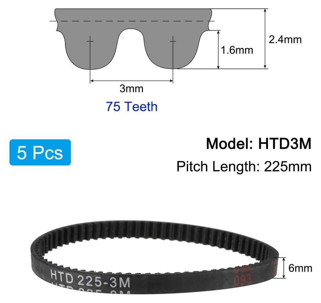 5 Stš¹ck HTD-3M Gummizahnriemen 75 Z?hne, 225mm Steigungsl?nge x 6mm Breite x 2,4mm H?he Zahnriemen aus Gummi, geschlossener Schleifenrillenzahnr...