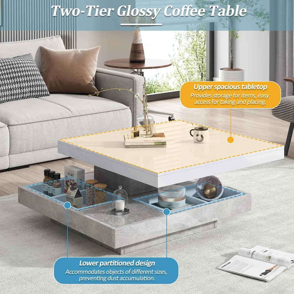Table Basse de Salon Rotative Blanche Design Moderne avec Compartiments