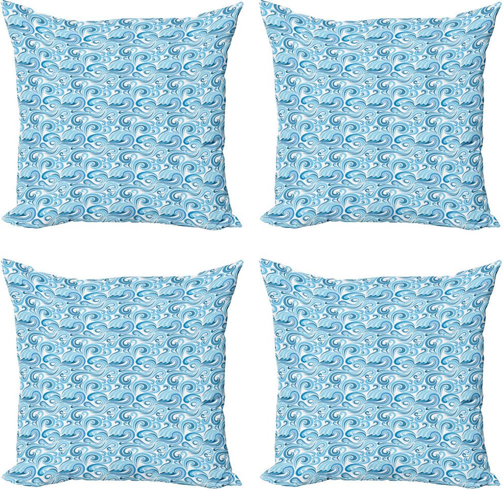 ABAKUHAUS Nautisch Kissenbezug Set (4 Stück), Zusammenfassung Wellen, Moderner Doppelseitiger Digitaldruck, 50 cm x 50 cm, Blaues Baby-Blau und Weiß