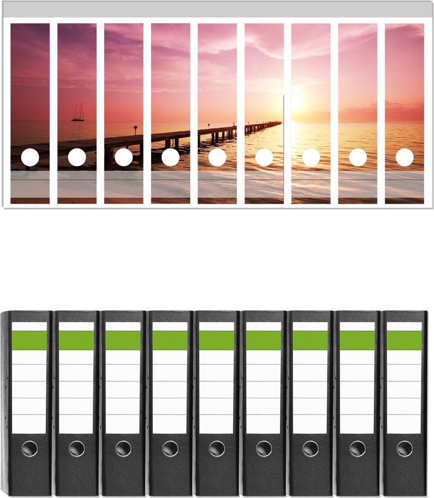 Wallario 9 Stück breite Ordner inkl. Klebeetiketten mit Motive Auf dem Weg zur Sonne Steg am Meer - Set mit Rückenschildern / Ordnerrücken Stickern