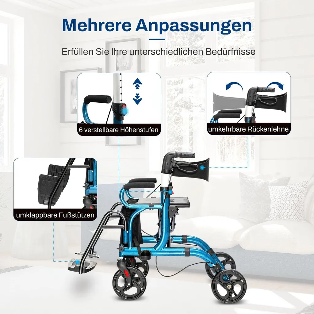Déambulateur de promenade pliable avec siège et panier, modèle bleu - 4