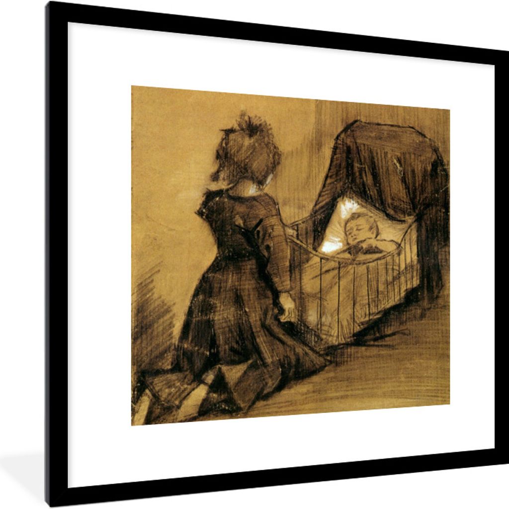 MuchoWow Gerahmtes Poster Mädchen kniend bei einer Wiege - Vincent van Gogh 40x40 cm - Poster mit Schwarzem Bilderrahmen Wandposter Rahmen Foto ...