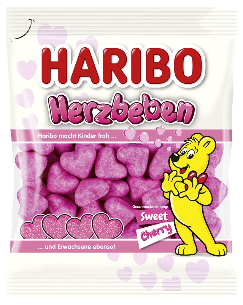 A bag of HARIBO Herzbeben cherry-flavored gummy candies.