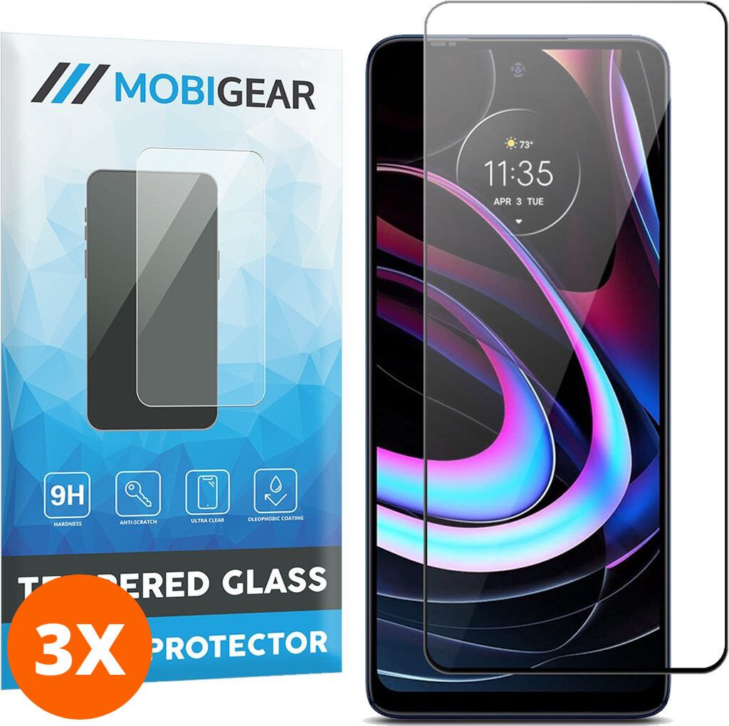 Mobigear Premium 9.98 Motorola Edge (2021) Panzerglas Gehärtetes Glas Displayschutz - Hüllenfreundlich - Schwarz (3er Pack)